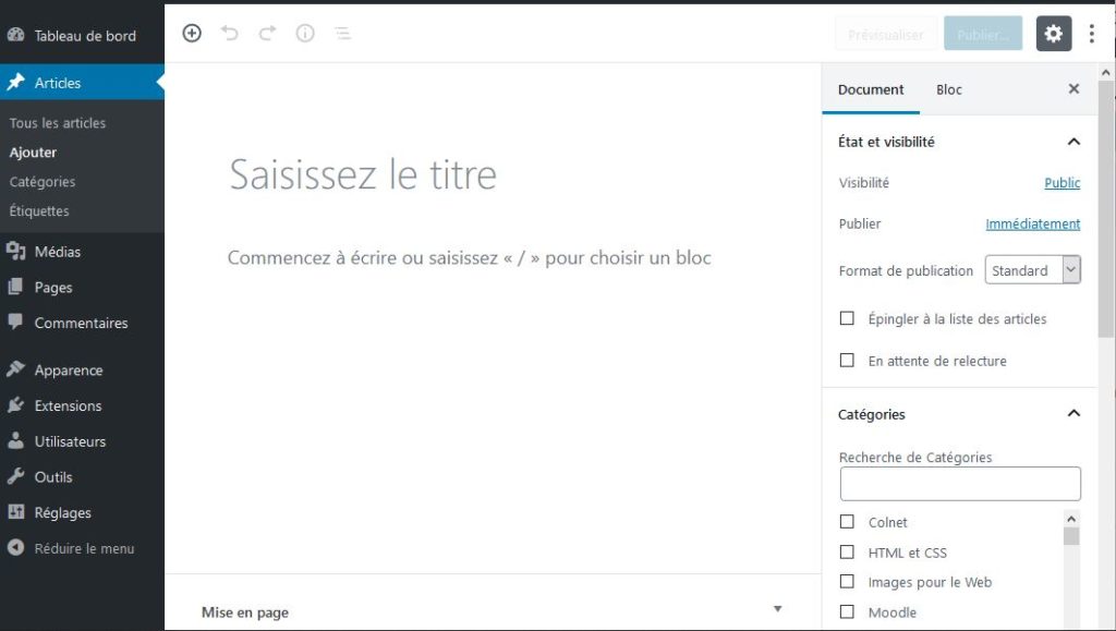 Capture d'écran du nouvel éditeur de blocs Gutenberg de WordPress