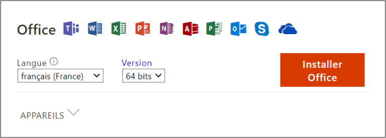 fenêtre d'installation de la suite Office et choix de langue