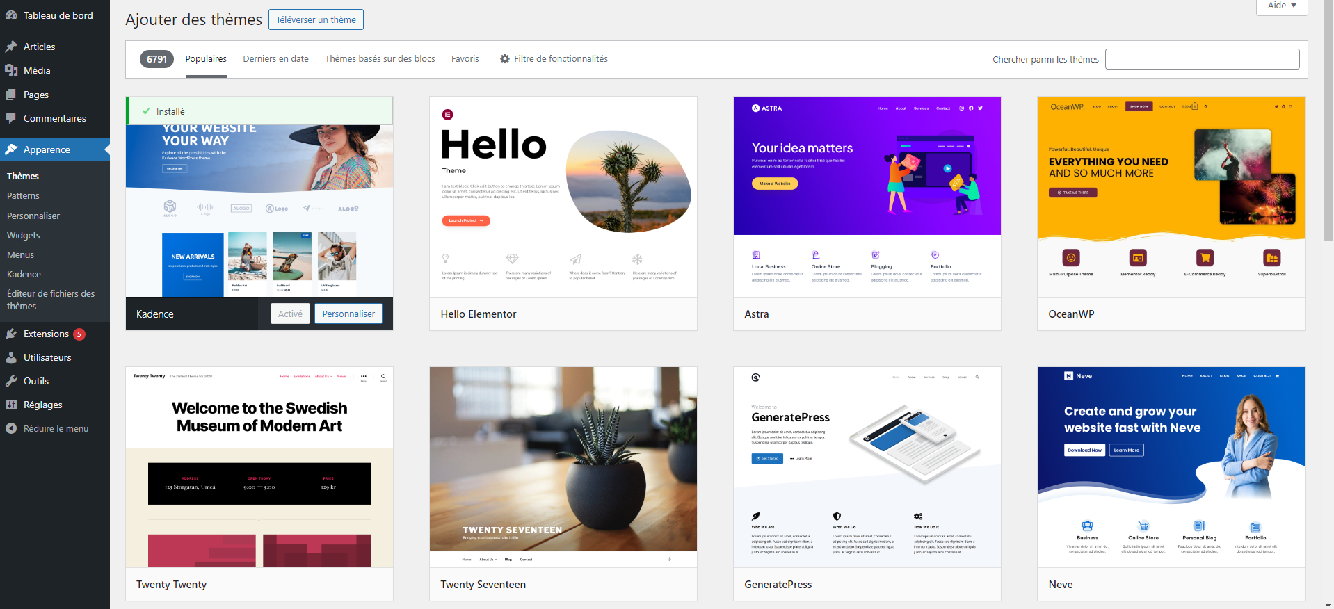 Thèmes WordPress accessibles par le tableau de bord
